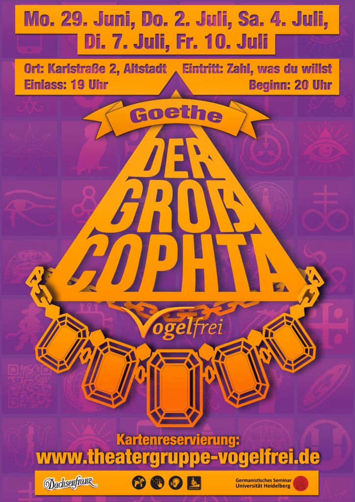 Plakat für die Aufführungen von "Der Groß-Coptha" Der Theatergruppe Vogelfrei. Das Plakat zeigt den Stilisierten Namen des Stückes in einem Dreieck angeordnet. Um den Fuß des Dreiecks liegt eine Halskette mit Edelsteinen.